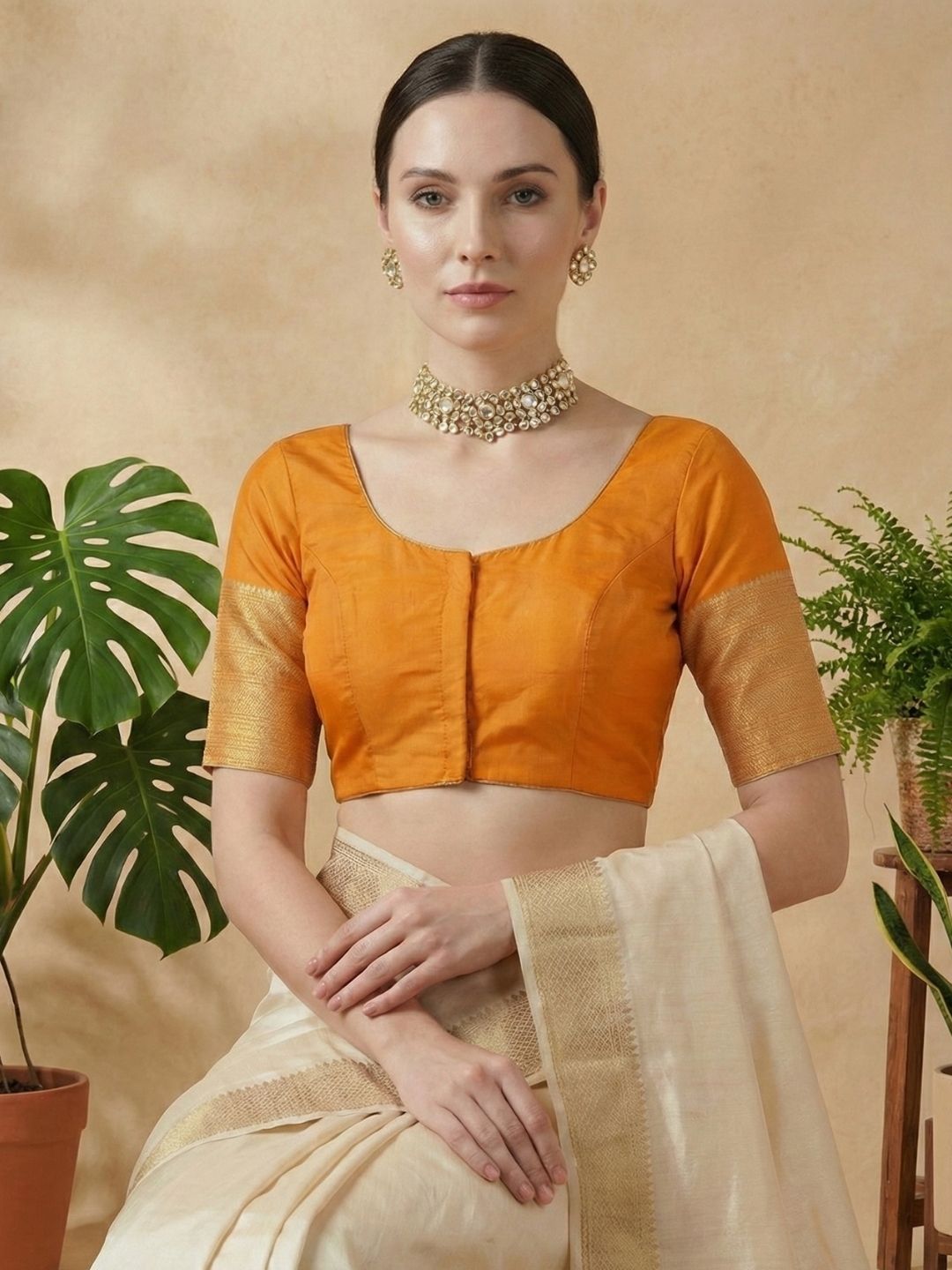 Mustard Silk Round Neck Readymade Blouse