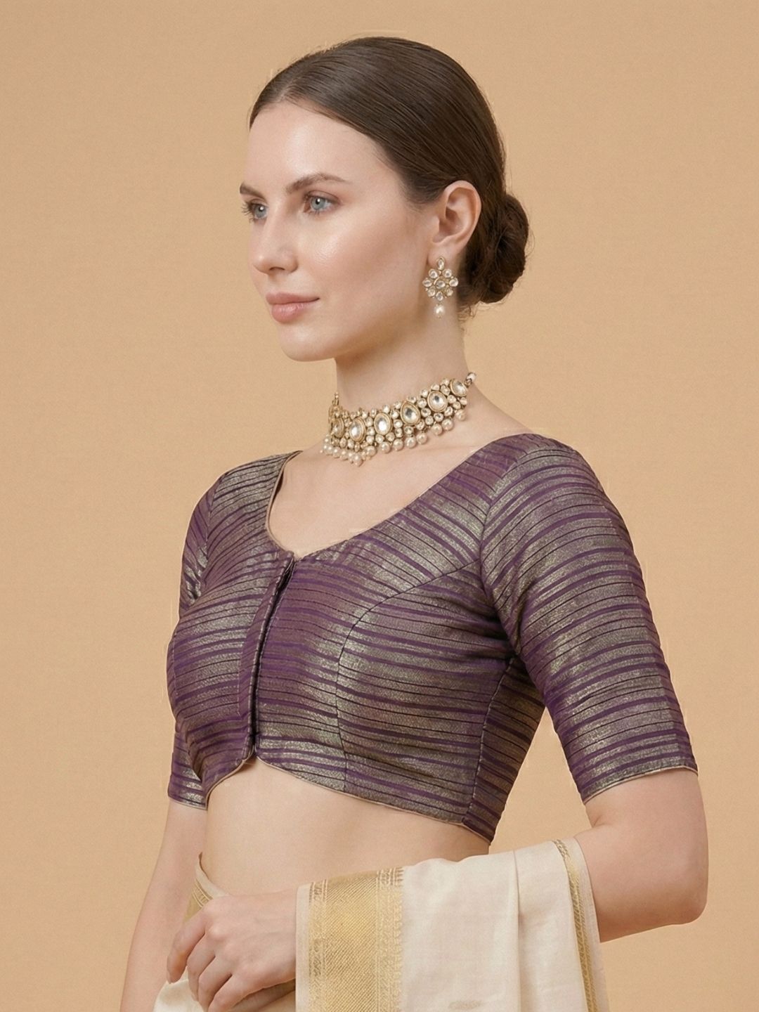 Purple Tissue Woven Design Round Neck Readymade Blouse