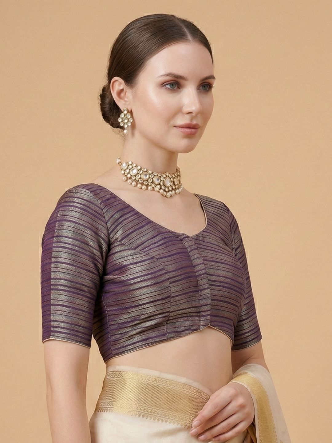 Purple Tissue Woven Design Round Neck Readymade Blouse