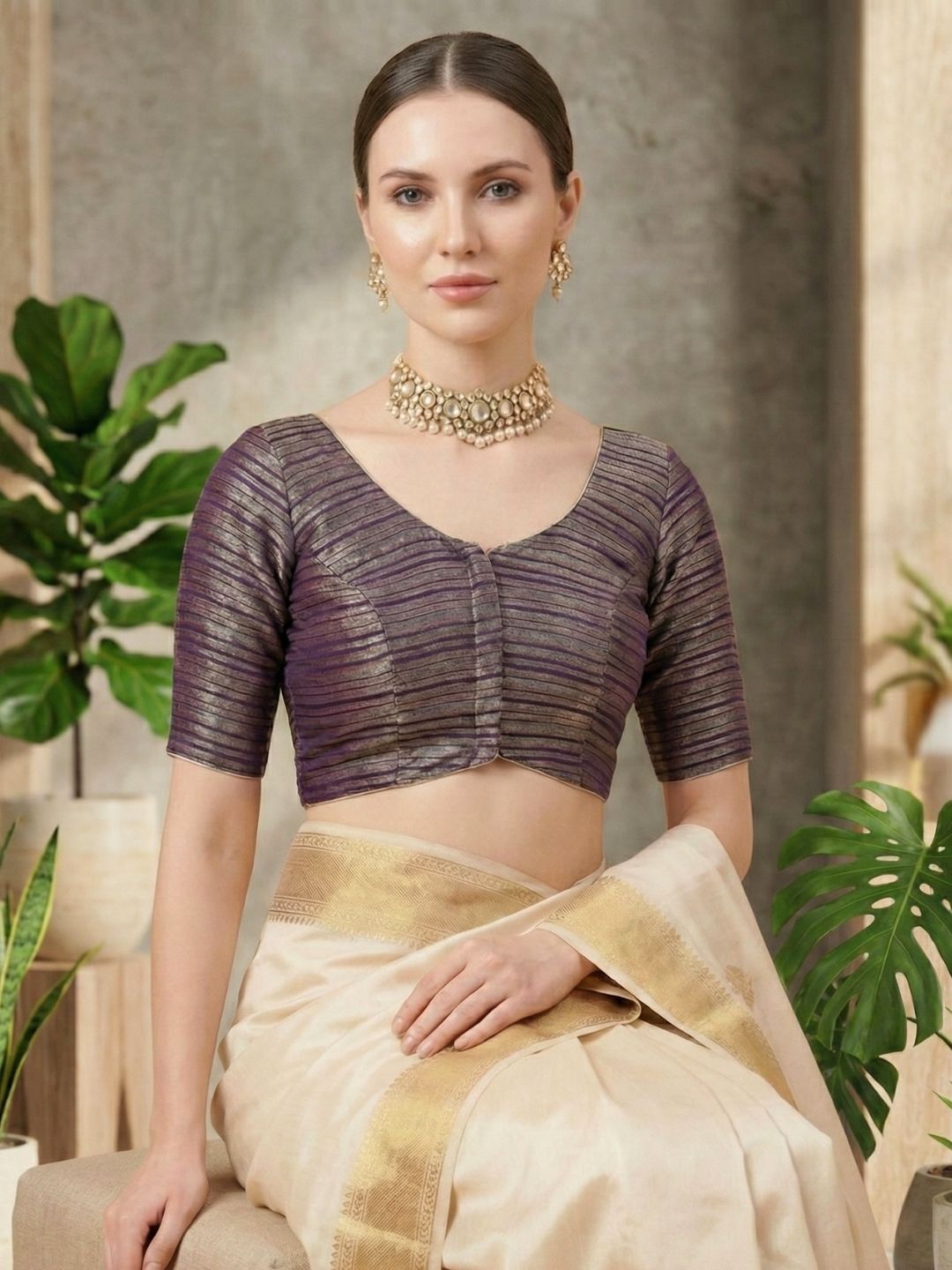 Purple Tissue Woven Design Round Neck Readymade Blouse