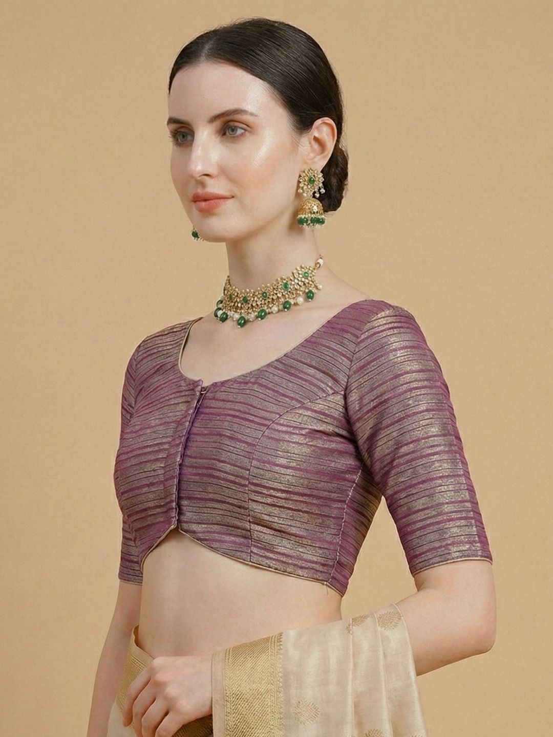 Purple Tissue Round Neck Readymade Blouse