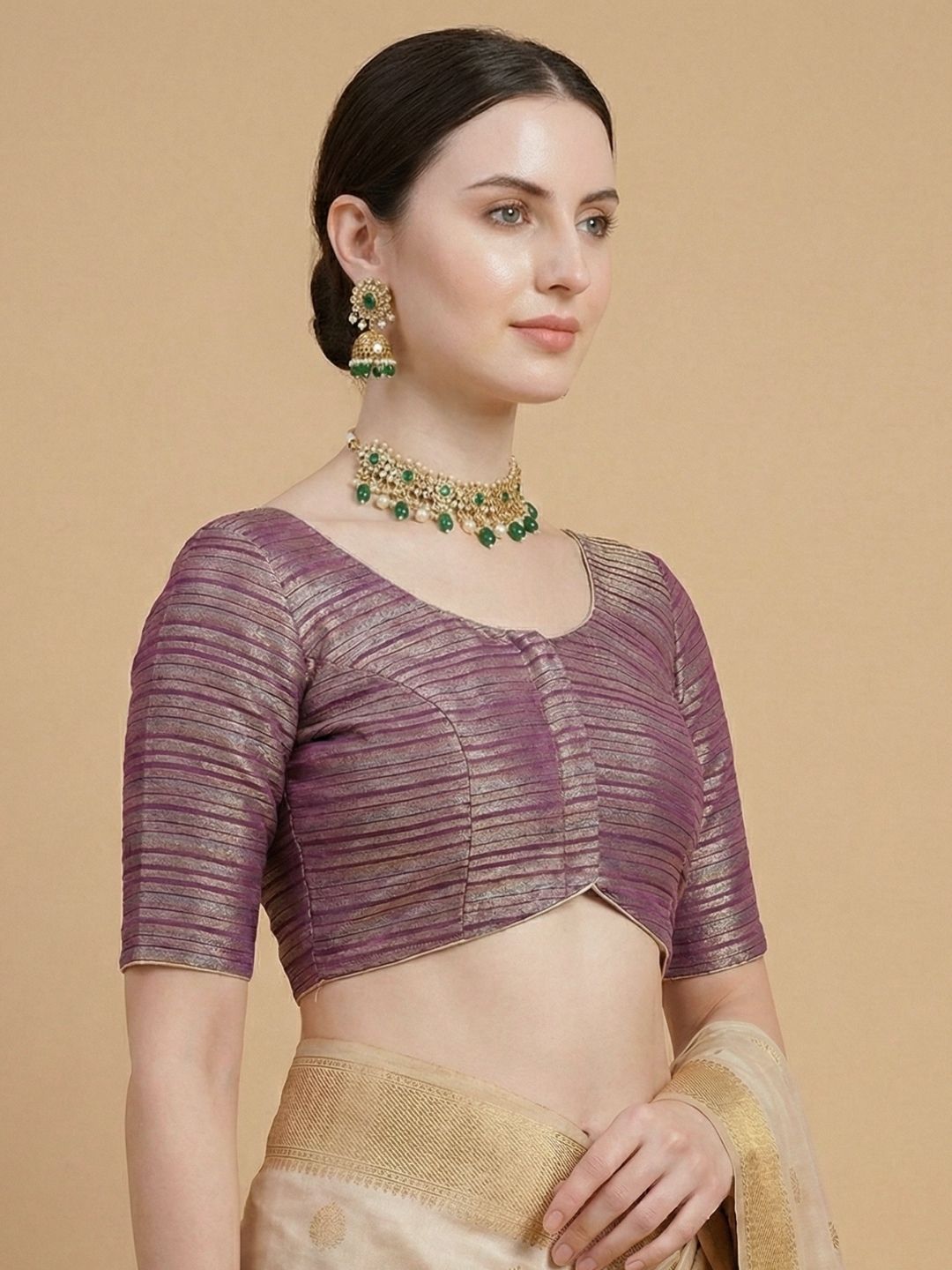 Purple Tissue Round Neck Readymade Blouse