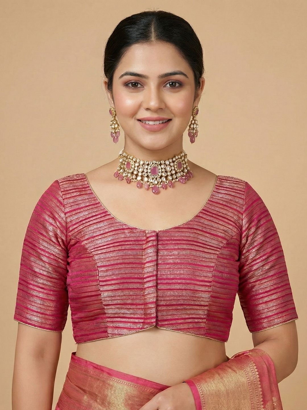 Pink Tissue Round Neck Readymade Blouse