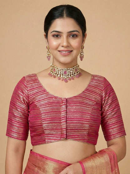 Pink Tissue Round Neck Readymade Blouse