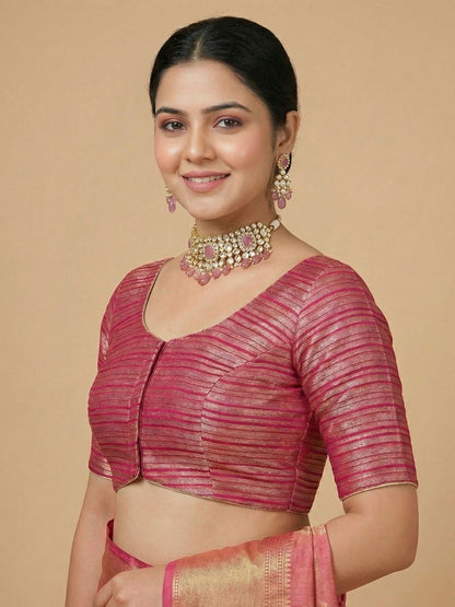Pink Tissue Round Neck Readymade Blouse