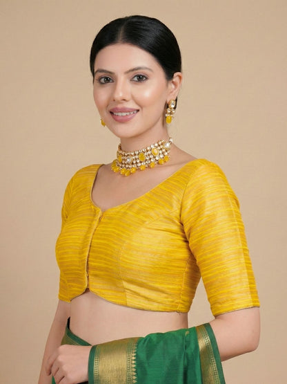 Yellow Tissue Round Neck Readymade Blouse