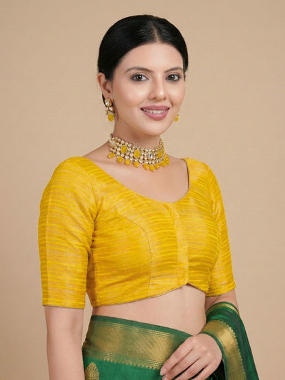 Yellow Tissue Round Neck Readymade Blouse