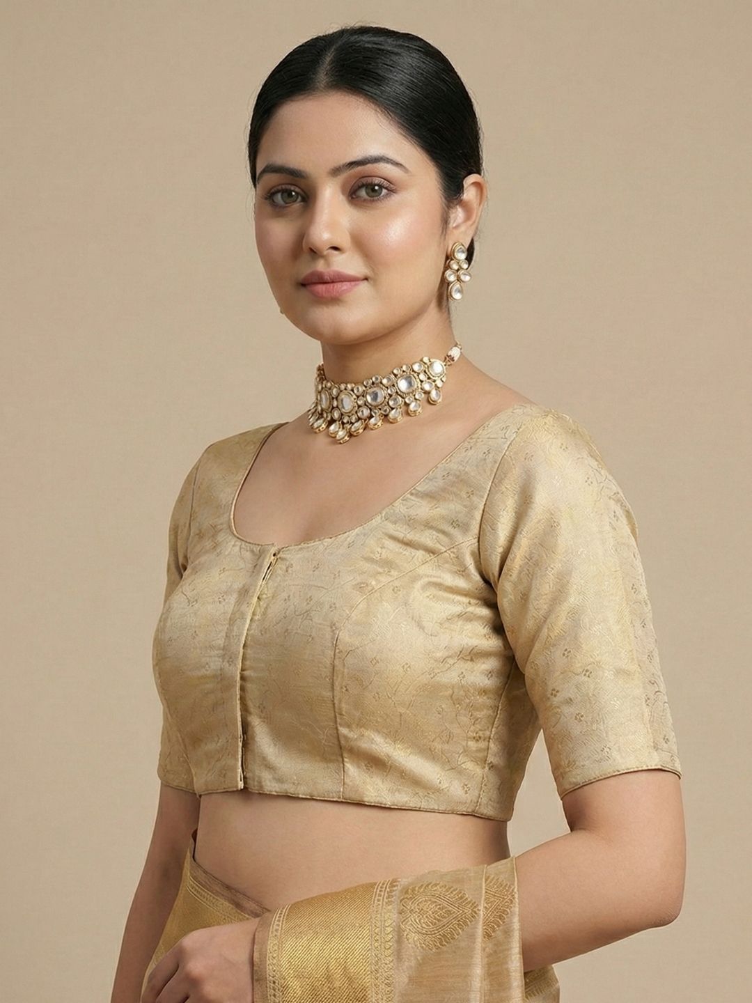 Gold Tissue Round Neck Readymade Blouse