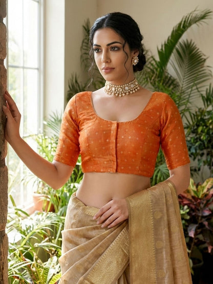 Orange Tissue Round Neck Readymade Blouse