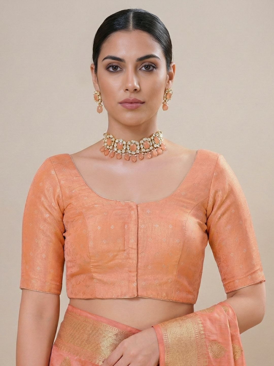 Peach Tissue Round Neck Readymade Blouse