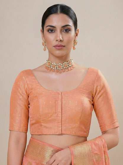 Peach Tissue Round Neck Readymade Blouse