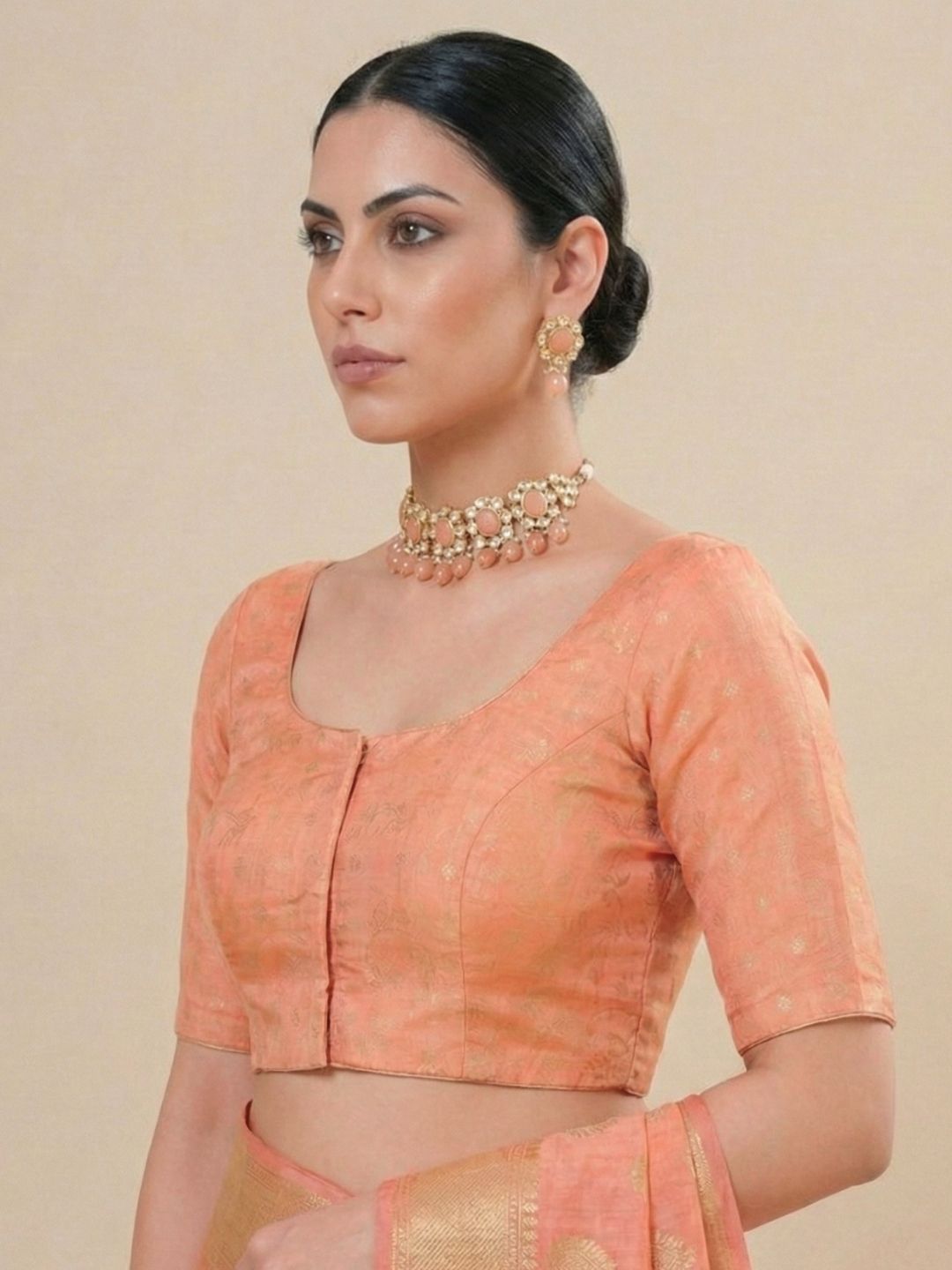 Peach Tissue Round Neck Readymade Blouse