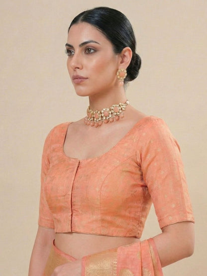 Peach Tissue Round Neck Readymade Blouse