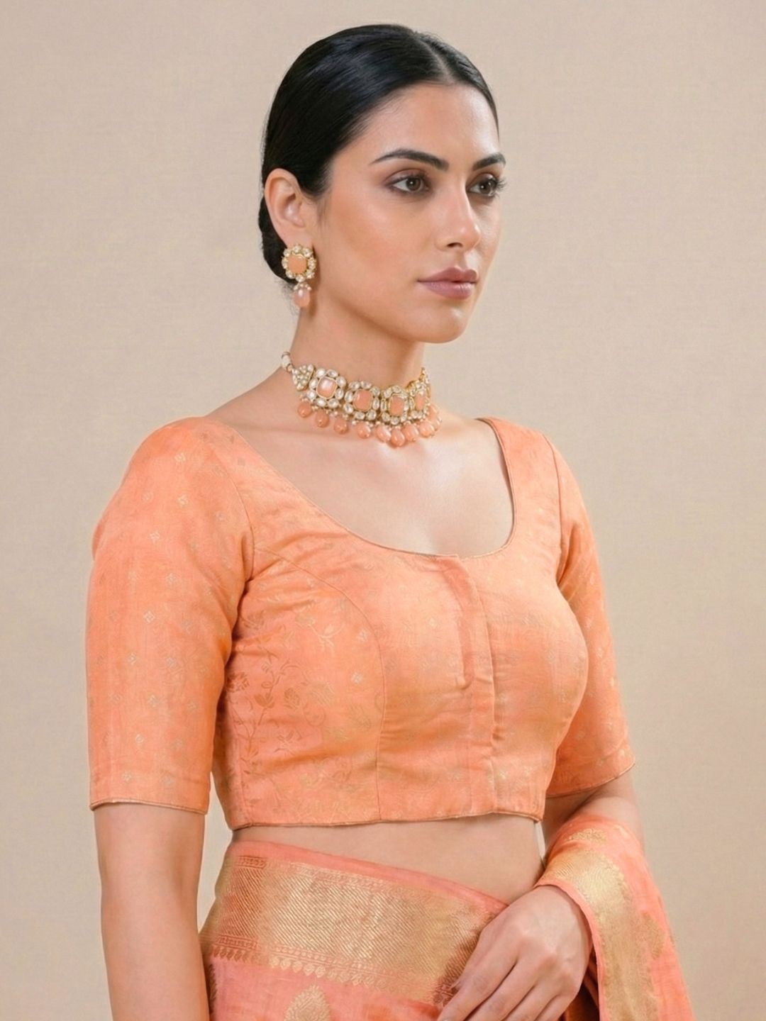 Peach Tissue Round Neck Readymade Blouse