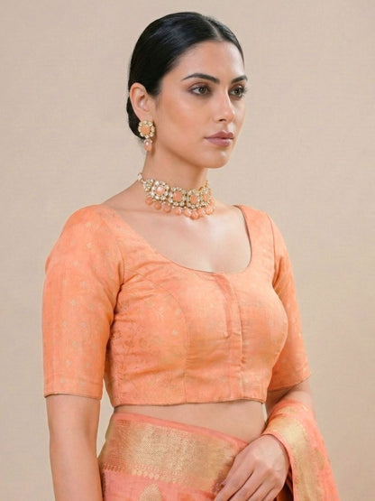 Peach Tissue Round Neck Readymade Blouse