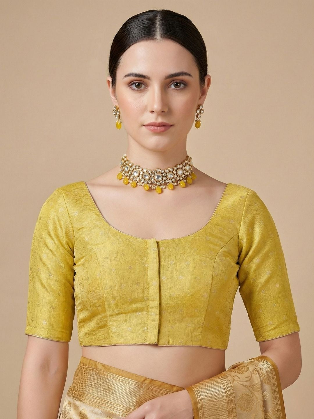 Yellow Tissue Round Neck Readymade Blouse