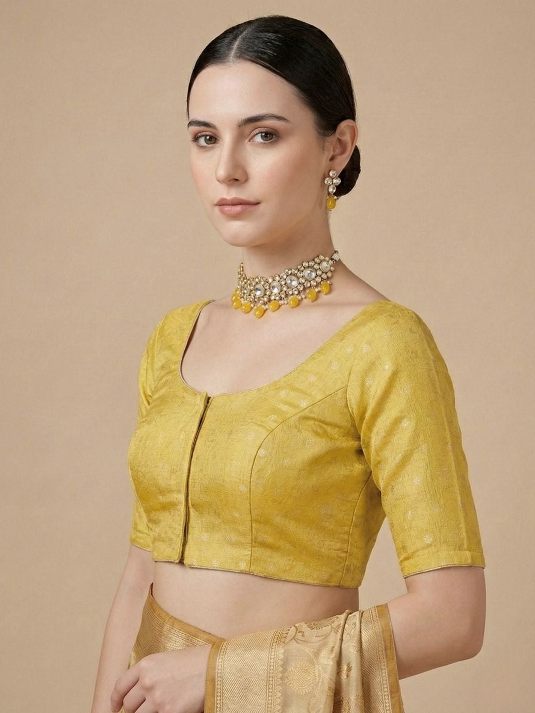 Yellow Tissue Round Neck Readymade Blouse