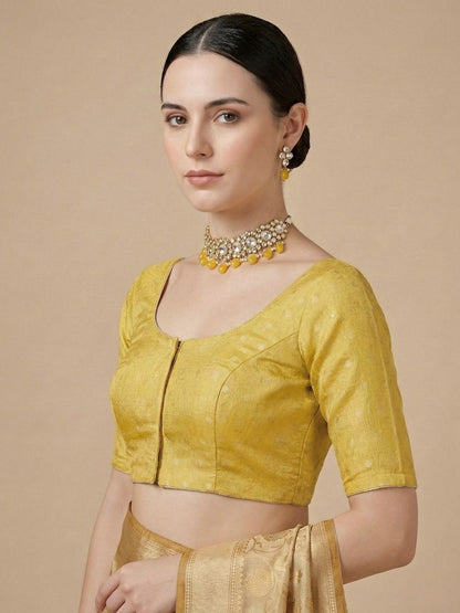 Yellow Tissue Round Neck Readymade Blouse