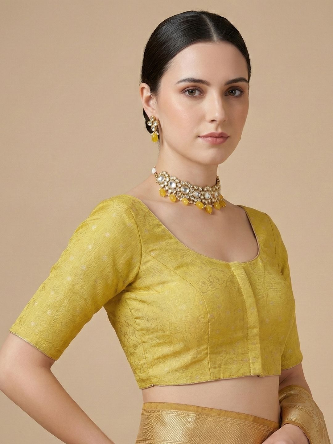 Yellow Tissue Round Neck Readymade Blouse