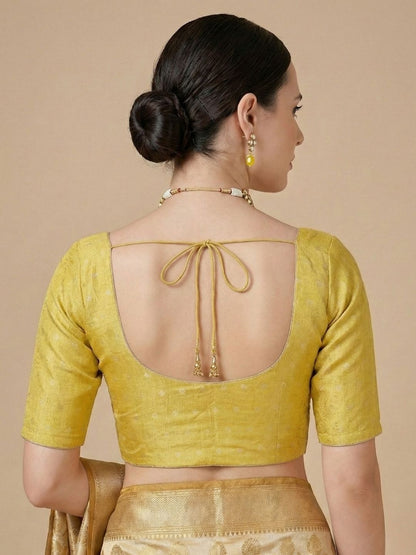 Yellow Tissue Round Neck Readymade Blouse