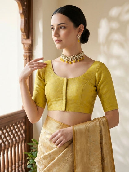 Yellow Tissue Round Neck Readymade Blouse