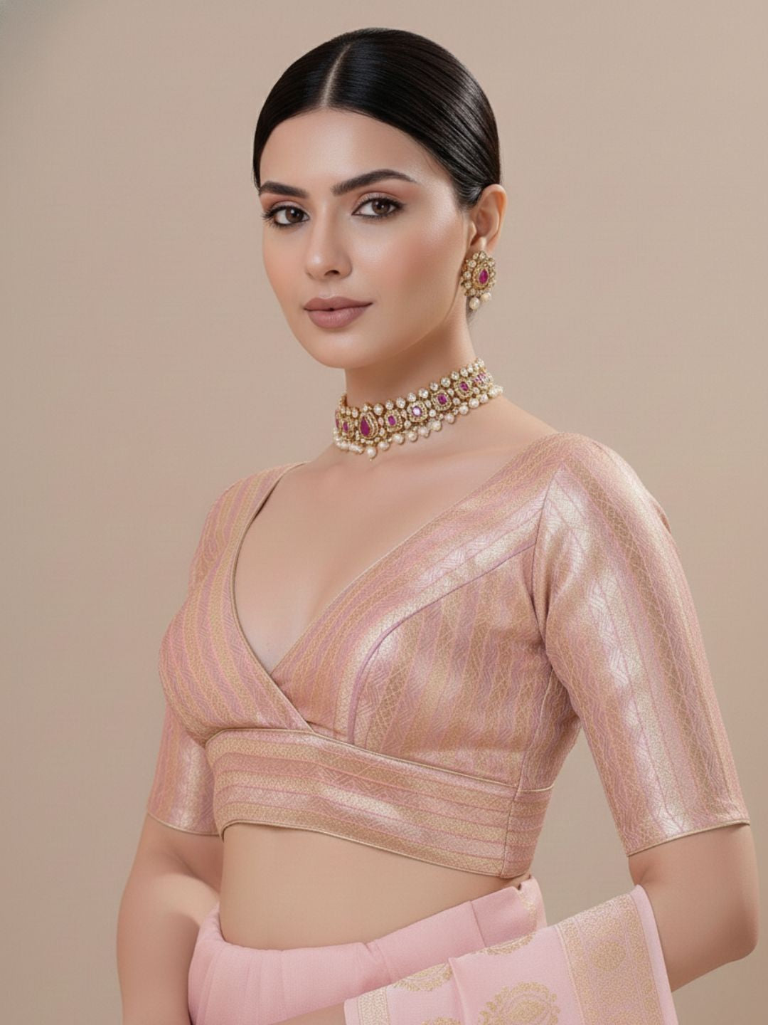 Pink Brocade V Neck Readymade Blouse