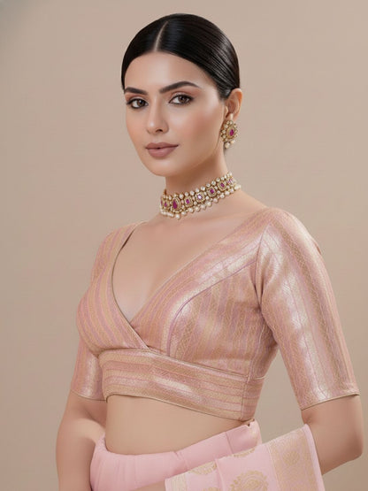 Pink Brocade V Neck Readymade Blouse