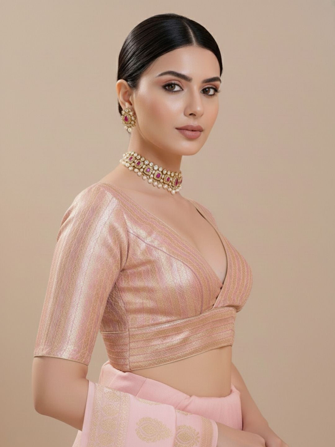 Pink Brocade V Neck Readymade Blouse