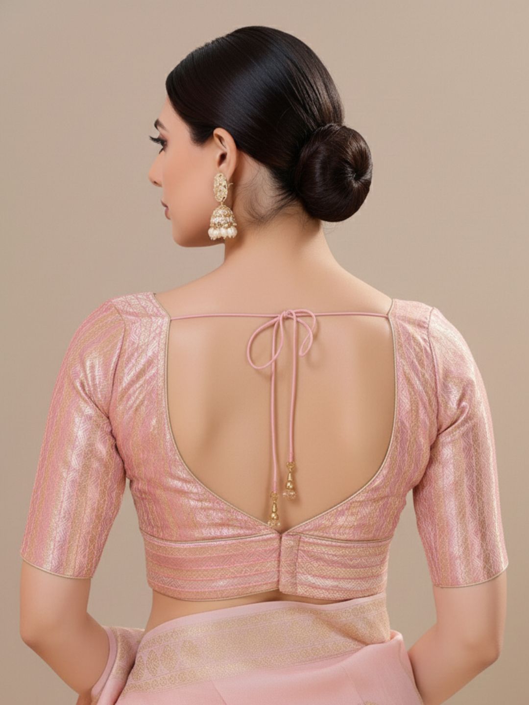 Pink Brocade V Neck Readymade Blouse