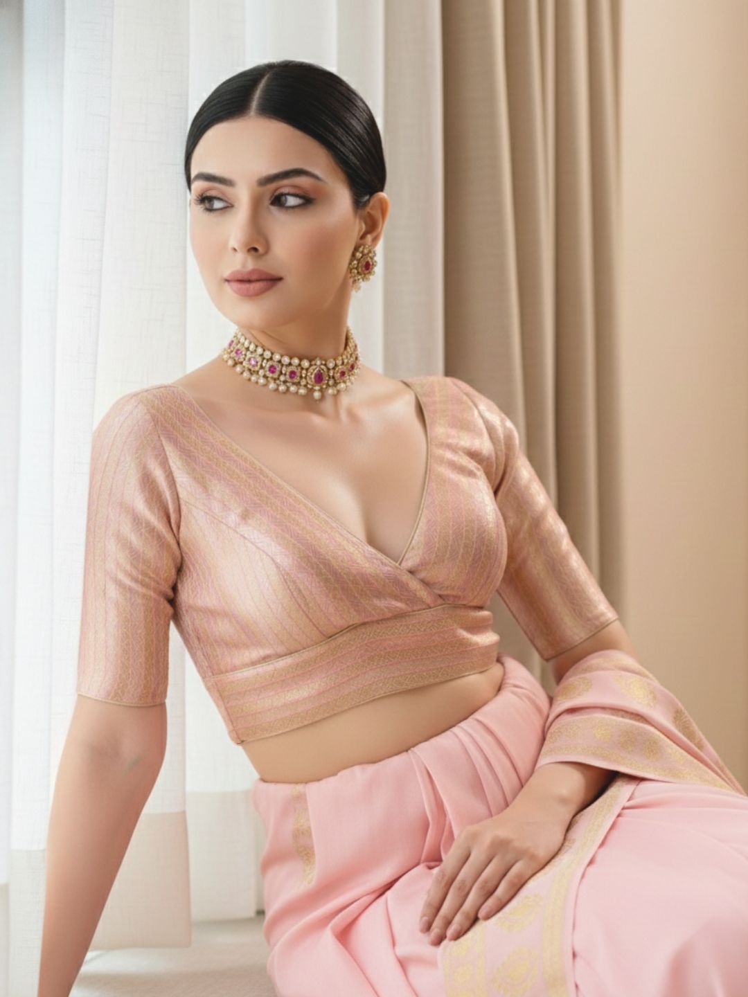 Pink Brocade V Neck Readymade Blouse