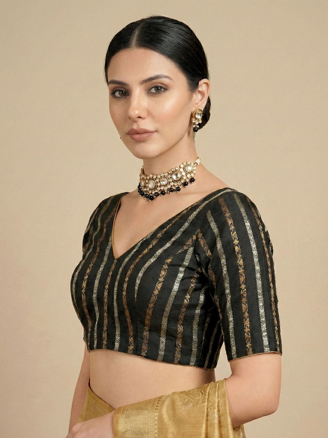 Black Cotton Woven Design V Neck Readymade Blouse