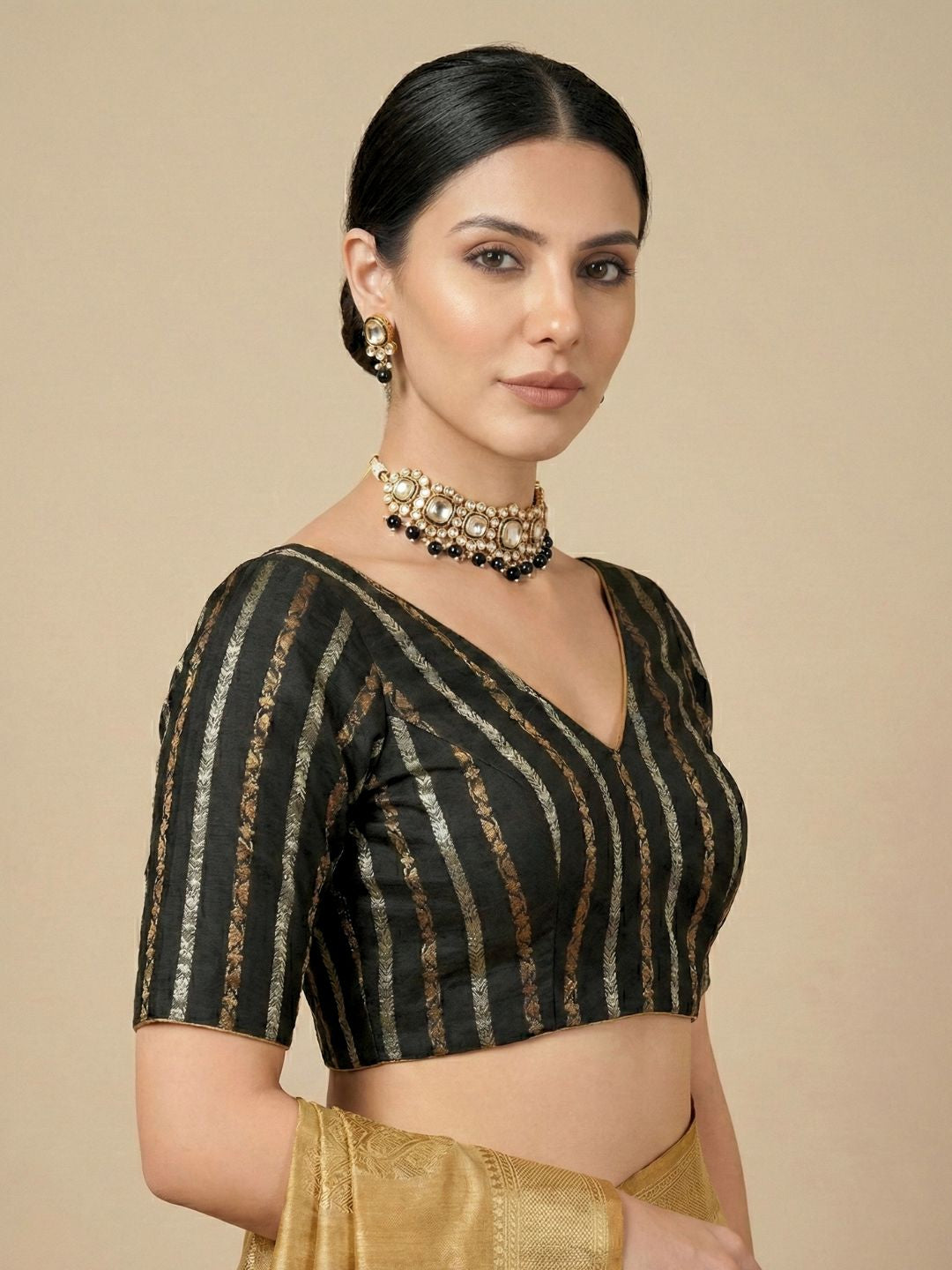 Black Cotton Woven Design V Neck Readymade Blouse