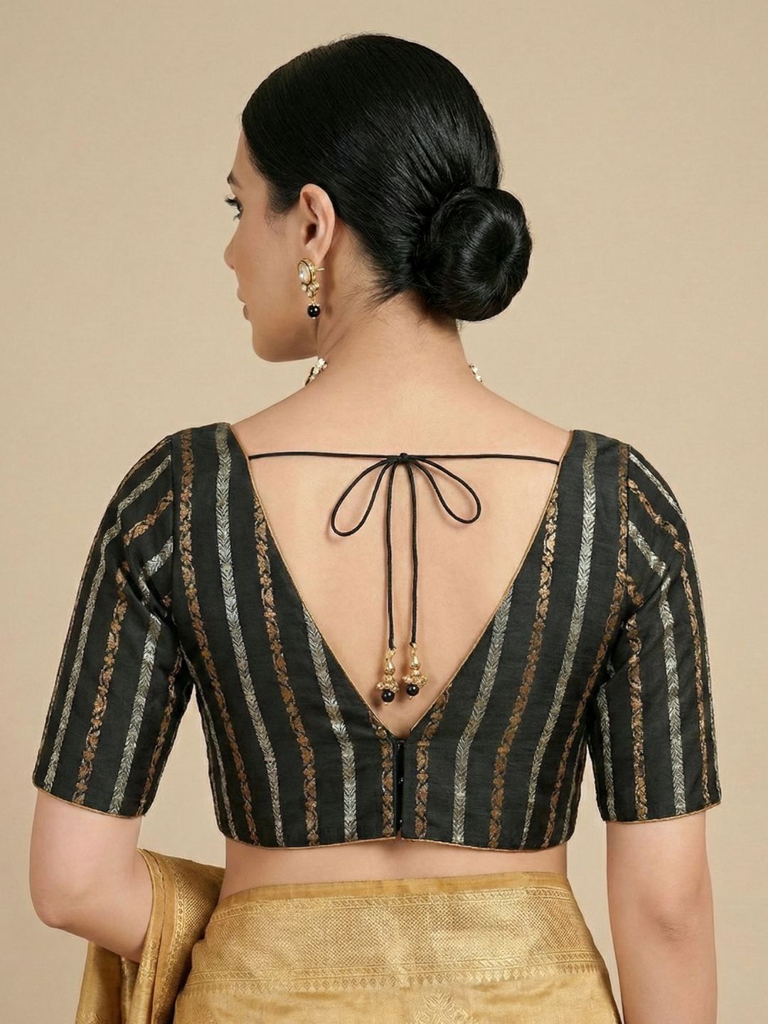 Black Cotton Woven Design V Neck Readymade Blouse