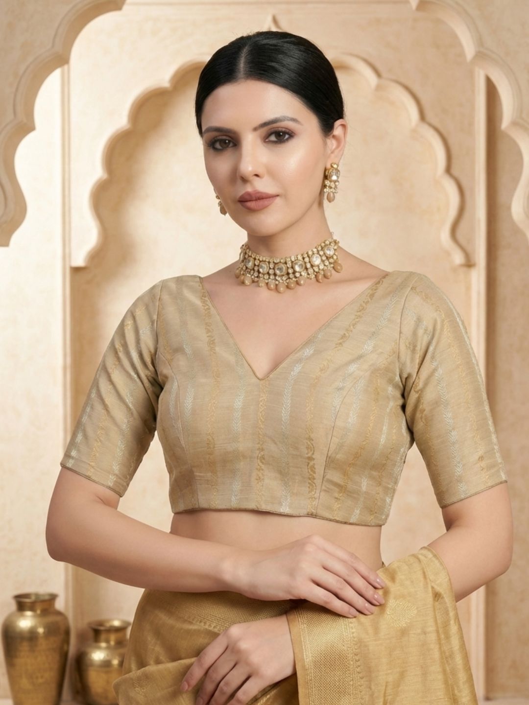 Gold Cotton Woven Design V Neck Readymade Blouse