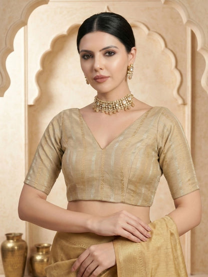 Gold Cotton Woven Design V Neck Readymade Blouse