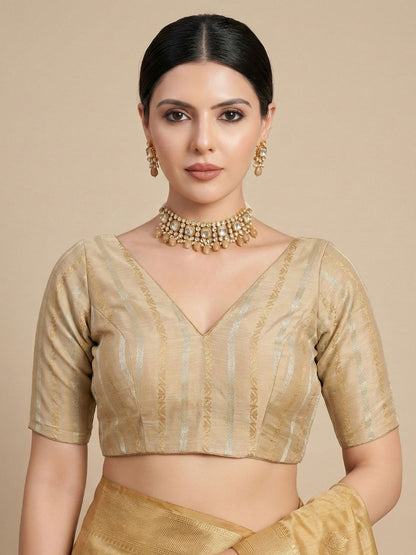 Gold Cotton Woven Design V Neck Readymade Blouse