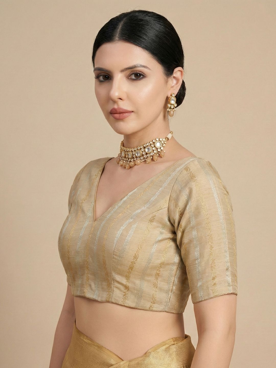 Gold Cotton Woven Design V Neck Readymade Blouse