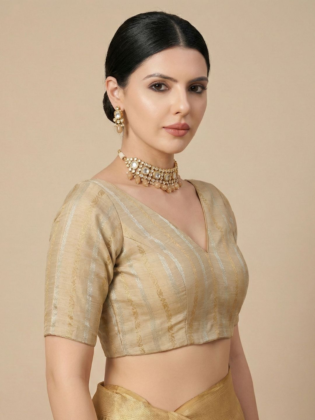 Gold Cotton Woven Design V Neck Readymade Blouse