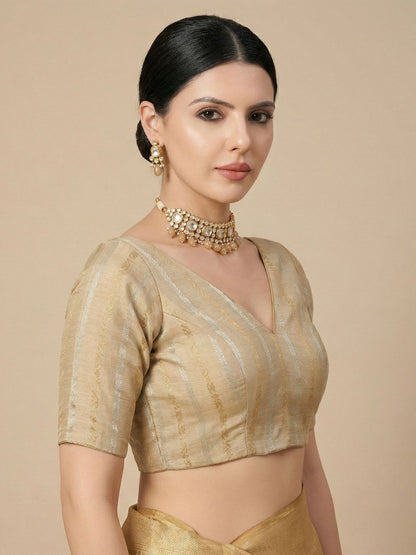 Gold Cotton Woven Design V Neck Readymade Blouse
