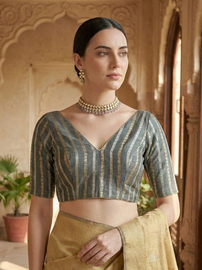 Grey Cotton Woven Design V Neck Readymade Blouse