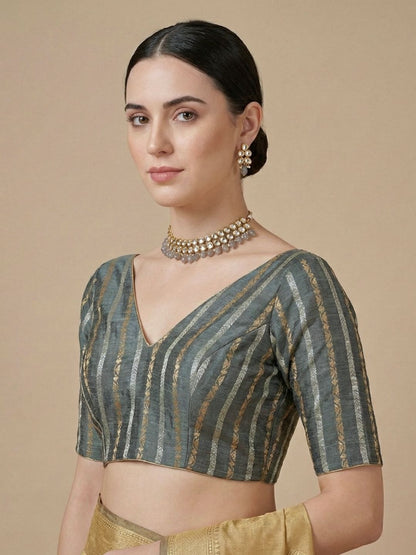 Grey Cotton Woven Design V Neck Readymade Blouse