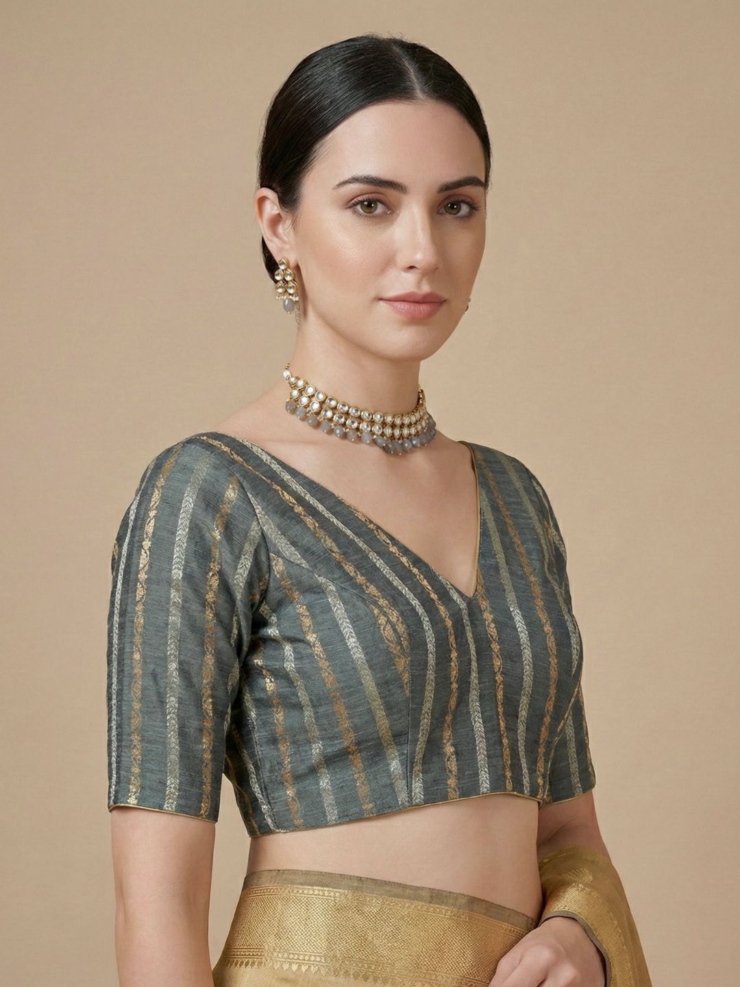 Grey Cotton Woven Design V Neck Readymade Blouse