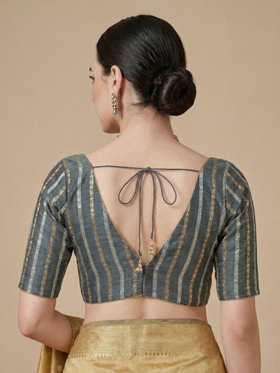 Grey Cotton Woven Design V Neck Readymade Blouse