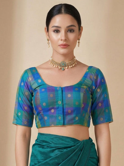 Green Multicolour Silk Round Neck Saree Blouse