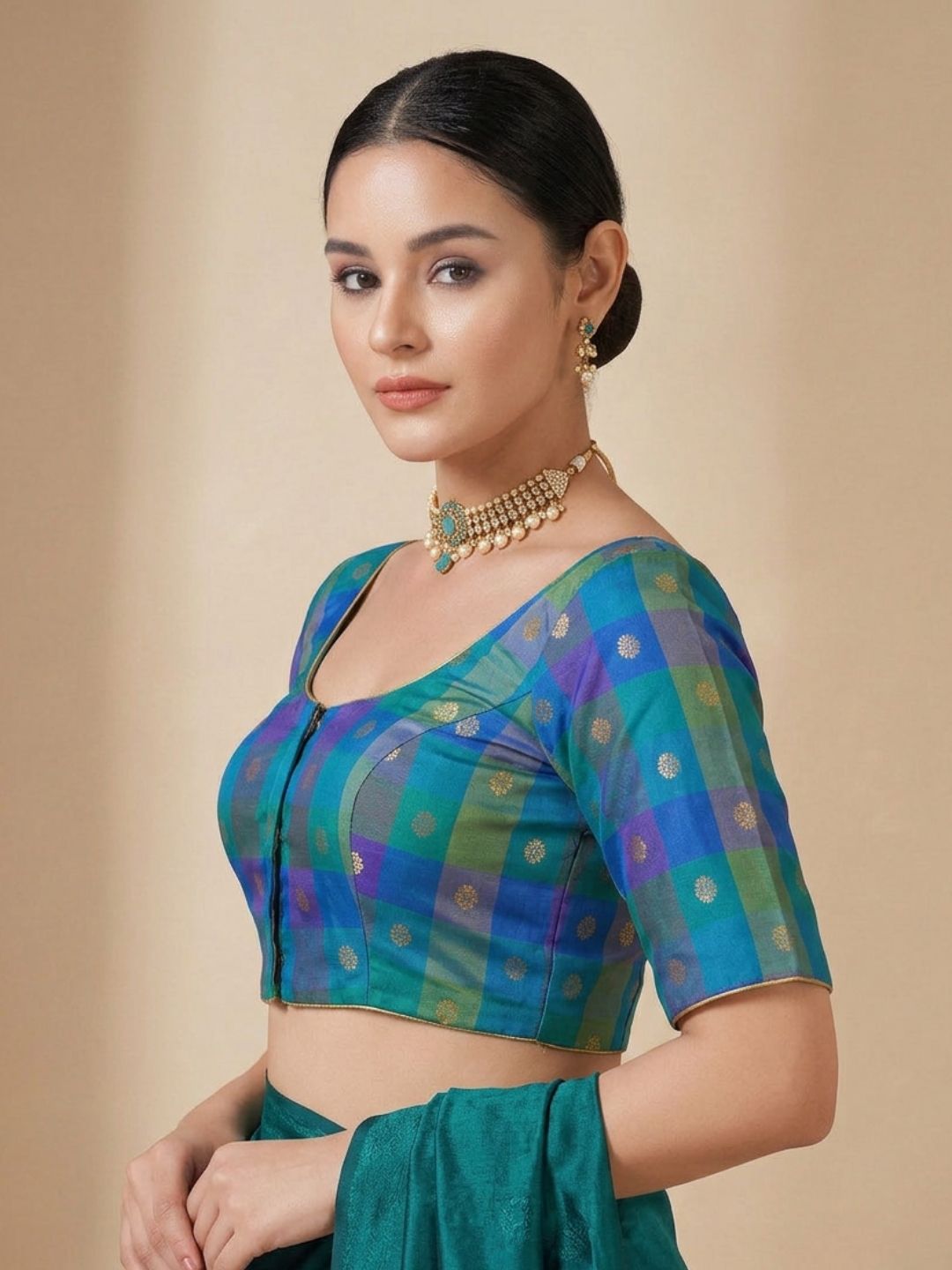 Green Multicolour Silk Round Neck Saree Blouse