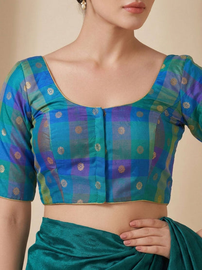 Green Multicolour Silk Round Neck Saree Blouse