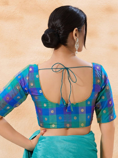 Green Multicolour Silk Round Neck Saree Blouse