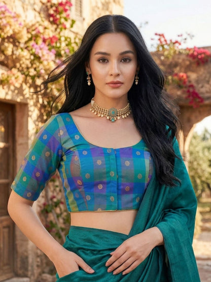 Green Multicolour Silk Round Neck Saree Blouse