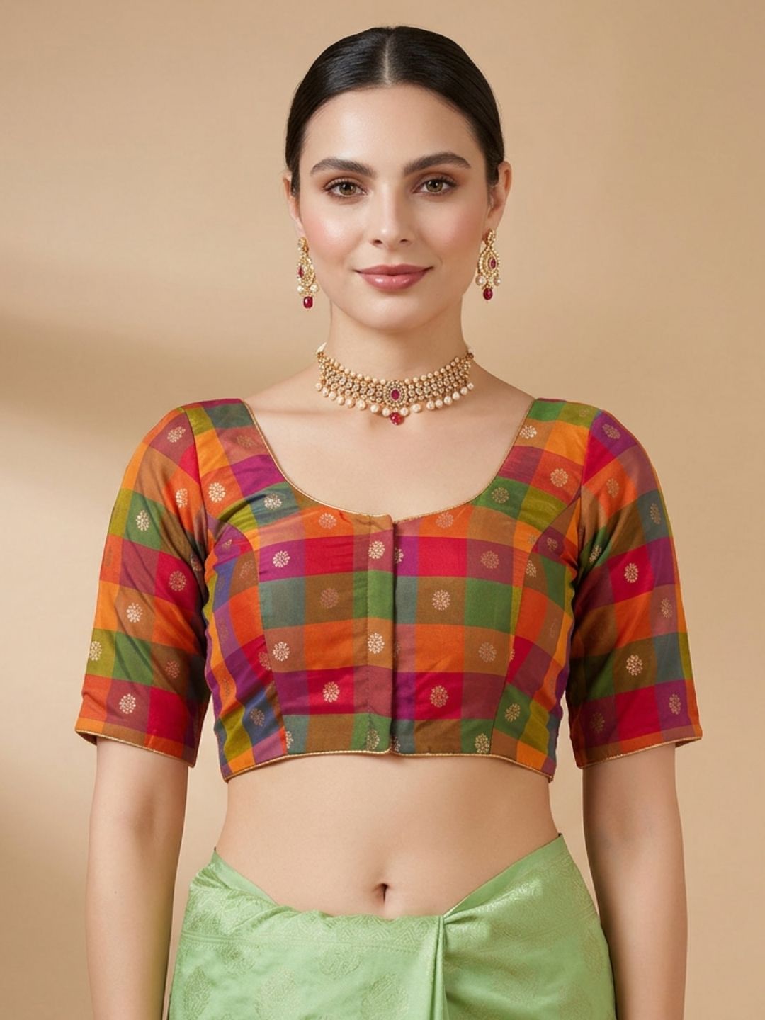 Multicolour Silk Round Neck Saree Blouse