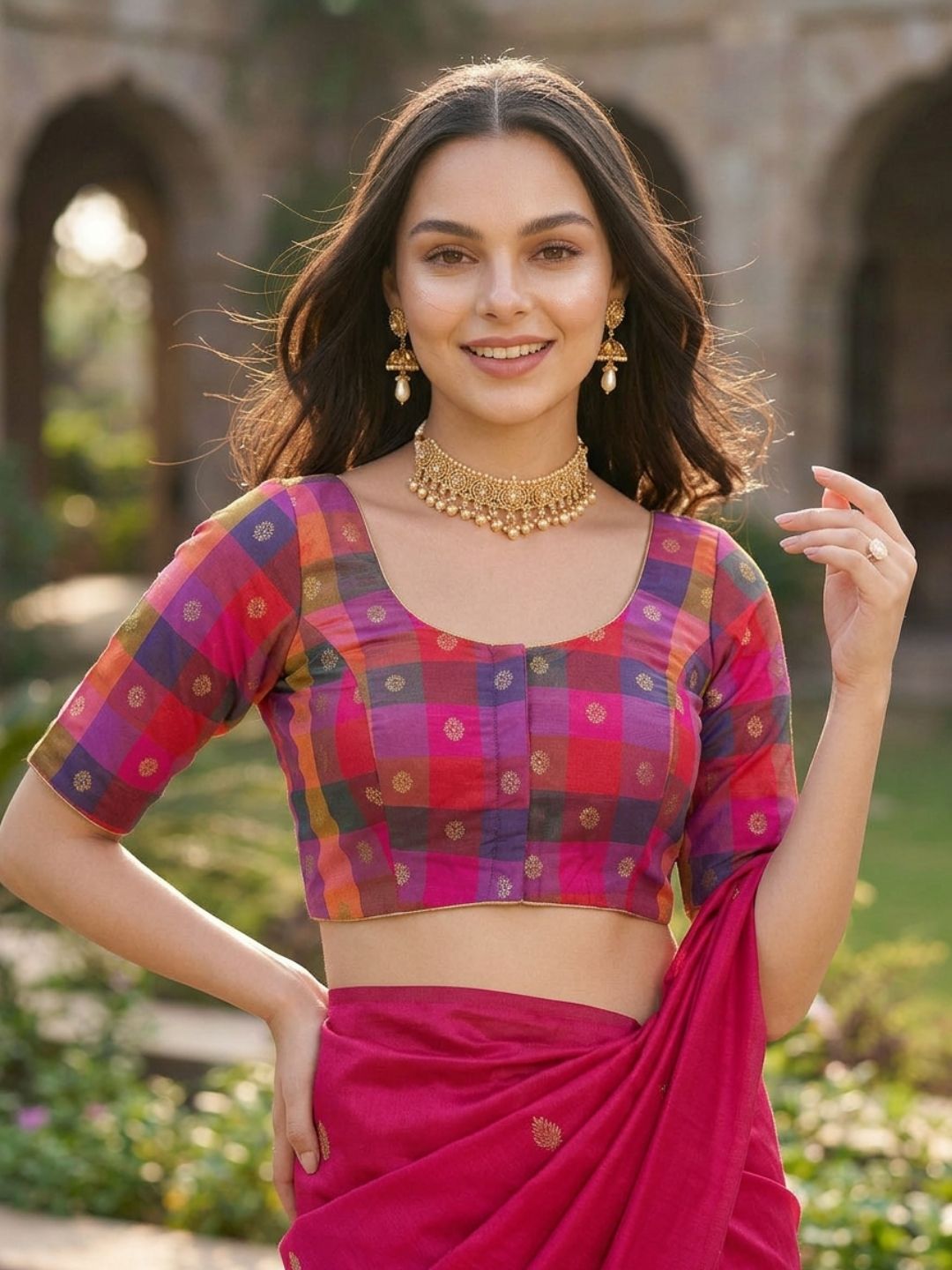 Pink Multicolour Silk Round Neck Saree Blouse